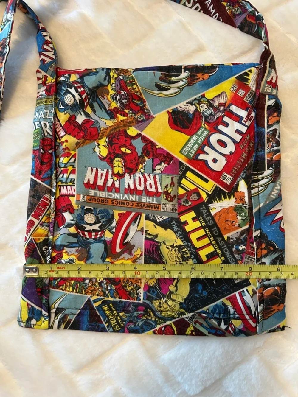 Marvel Comic Collage Fabric Crossbody Bag in Red, Yellow, Blue